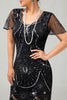 Laden Sie das Bild in den Galerie-Viewer, Glitzerndes Schwarzes Goldenes Pailletten Flapperkleid mit Rundhalsausschnitt und Fransen