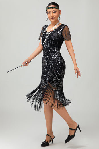 Glitzerndes Schwarzes Goldenes Pailletten Flapperkleid mit Rundhalsausschnitt und Fransen