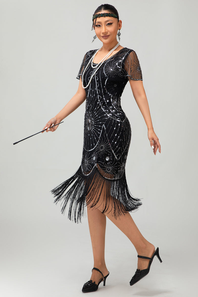 Laden Sie das Bild in den Galerie-Viewer, Glitzerndes Schwarzes Goldenes Pailletten Flapperkleid mit Rundhalsausschnitt und Fransen