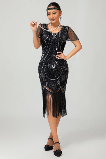Glitzerndes Schwarzes Silbernes Pailletten Flapperkleid mit Kurzen Ärmeln und Fransen