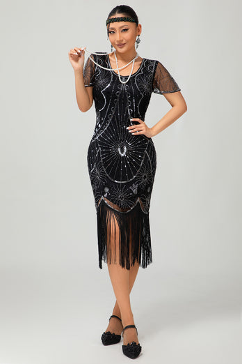 Glitzerndes Schwarzes Rotes Fransen Pailletten Kurzes 1920er Kleid mit Ärmeln