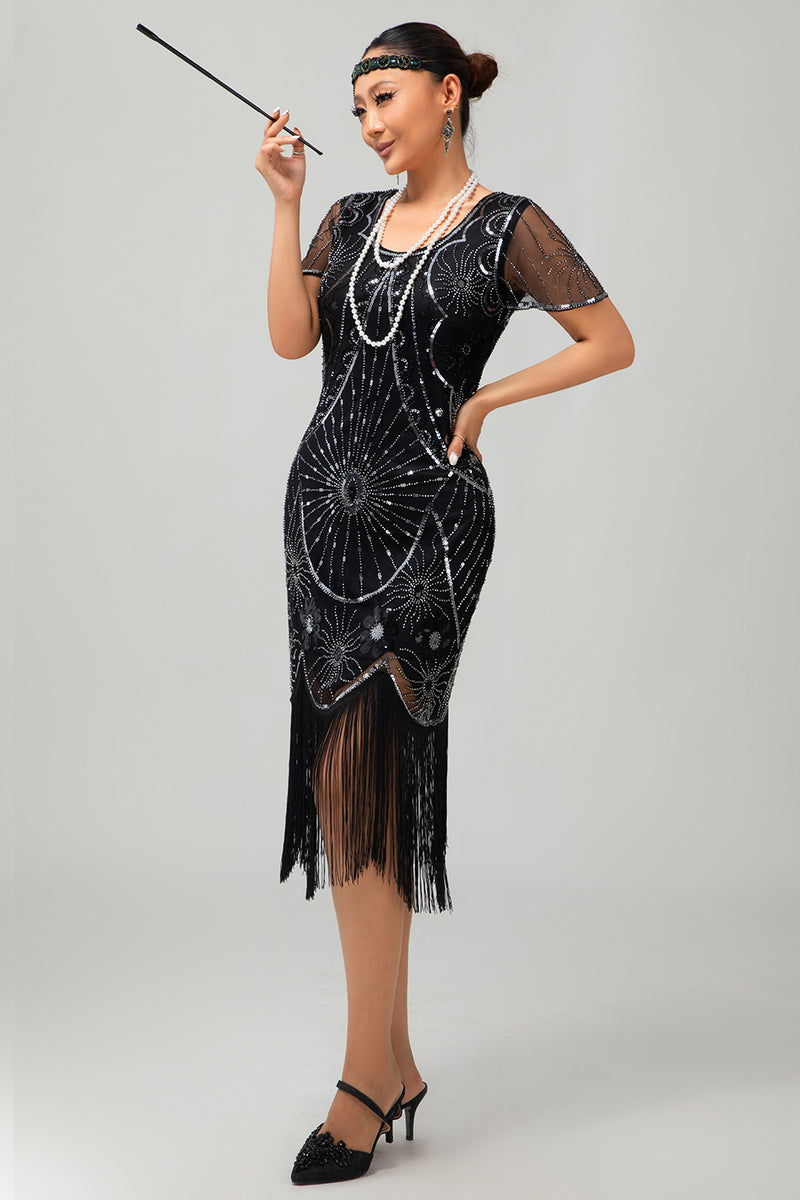 Laden Sie das Bild in den Galerie-Viewer, Glitzerndes Schwarzes Rotes Fransen Pailletten Kurzes 1920er Kleid mit Ärmeln