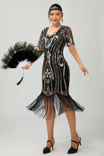 Glitzerndes Schwarzes Goldenes Bodycon Pailletten Kurzes 1920er Kleid Mit Ärmeln