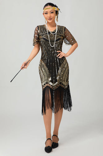 Glitzerndes Schwarzes Goldenes Pailletten V-Ausschnitt Flapperkleid mit Perlen