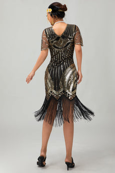 Glitzerndes Schwarzes Goldenes Pailletten V-Ausschnitt Flapperkleid mit Perlen