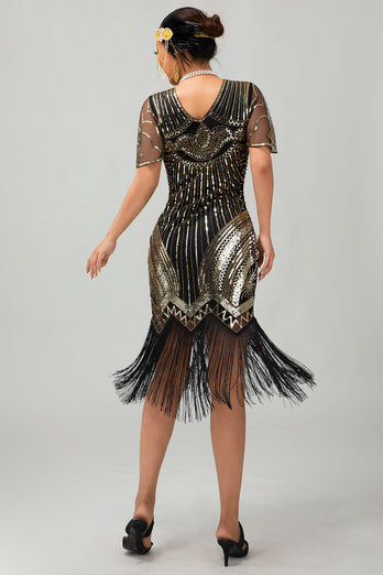Glitzerndes Schwarzes Goldenes Pailletten V-Ausschnitt Flapperkleid mit Perlen