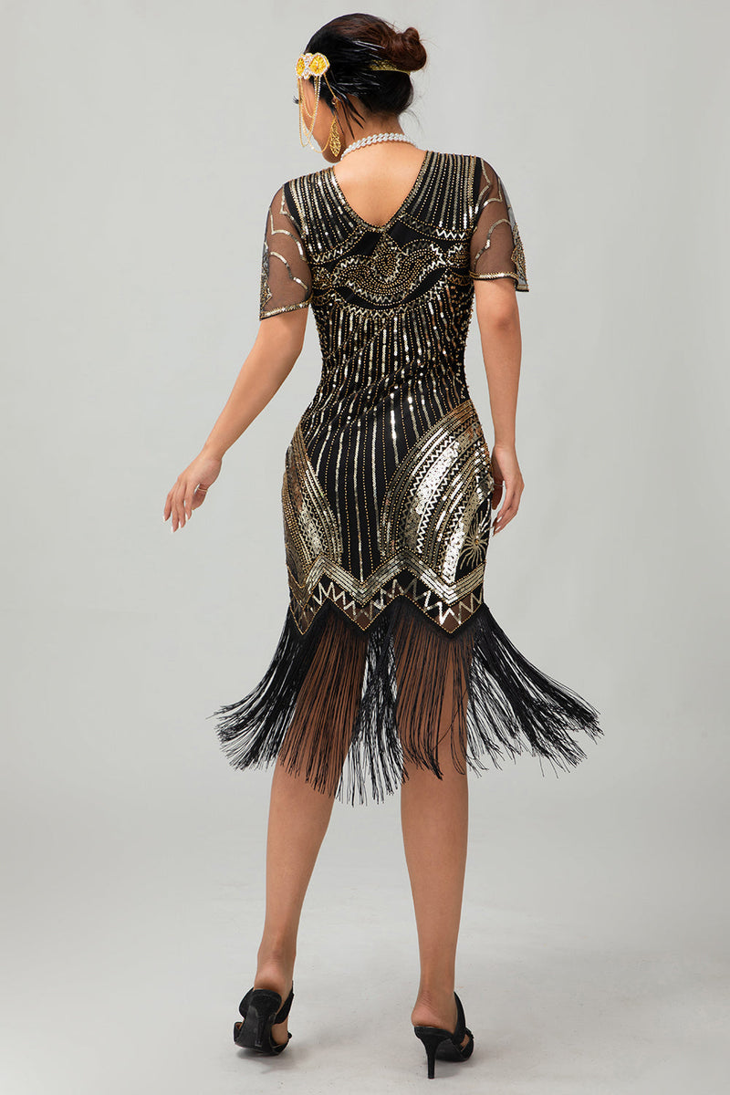 Laden Sie das Bild in den Galerie-Viewer, Glitzerndes Schwarzes Goldenes Pailletten V-Ausschnitt Flapperkleid mit Perlen