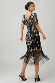 Glitzerndes Schwarzes Goldenes Bodycon Pailletten Kurzes 1920er Kleid Mit Ärmeln
