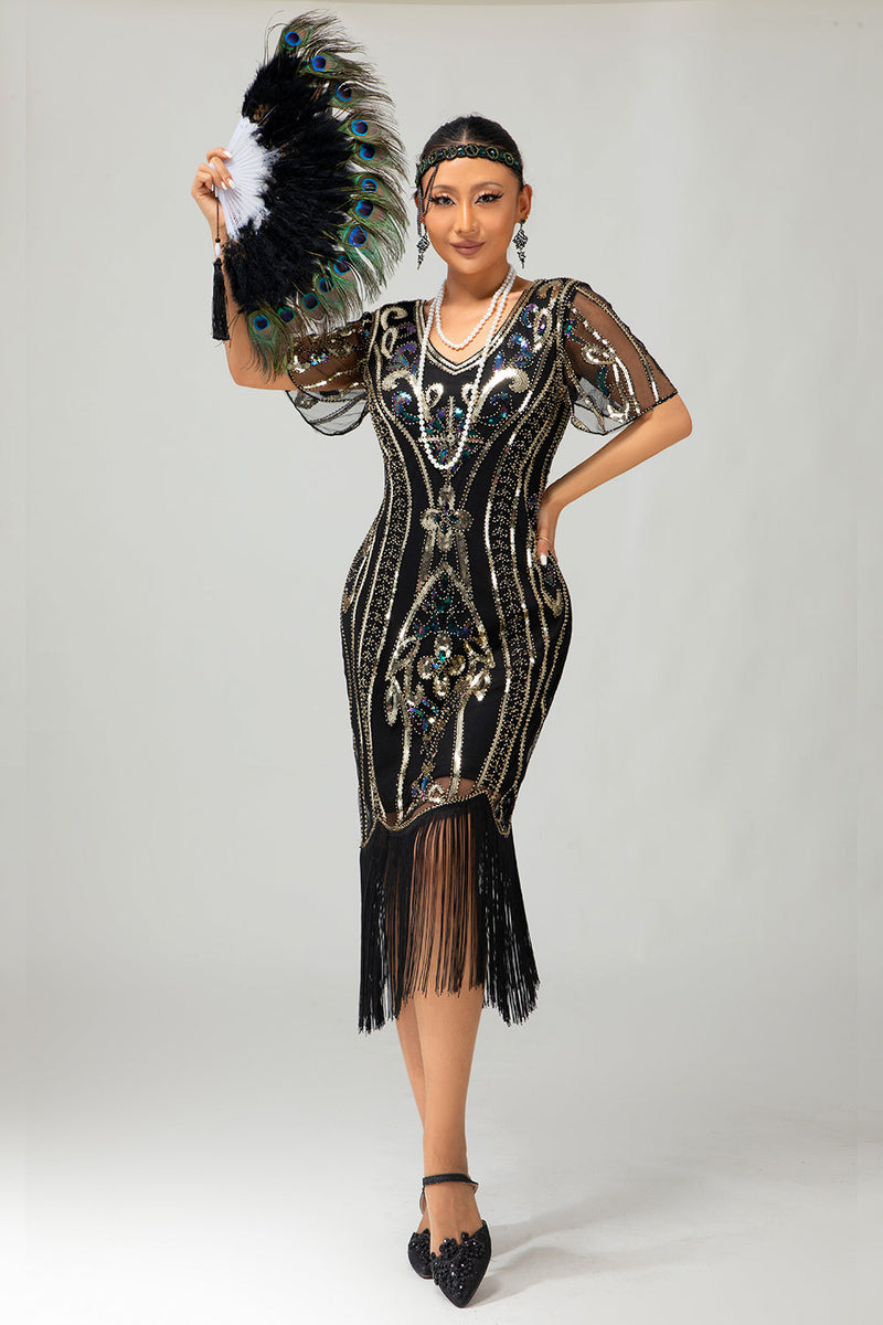 Laden Sie das Bild in den Galerie-Viewer, Glitzerndes Schwarz Blaues Pailletten 1920er Kleid mit Kurzen Ärmeln und Fransen