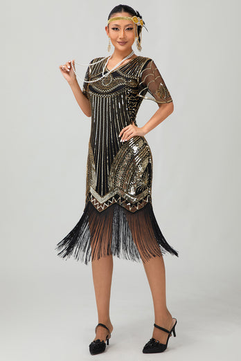 Glitzerndes Schwarzes Rotes Bodycon Fransen Flapper Kleid Mit Ärmeln
