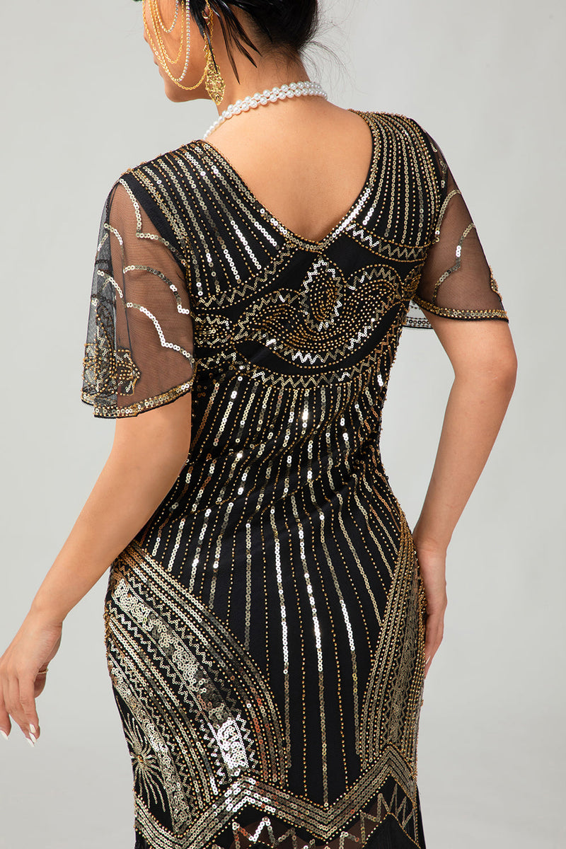 Laden Sie das Bild in den Galerie-Viewer, Glitzerndes Schwarz Silbernes Bodycon Fransen Flapper Kleid mit Ärmeln