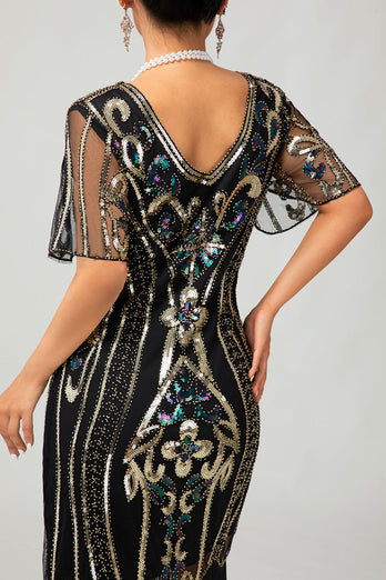 Glitzerndes Apricotfarbenes Pailletten 1920er Kleid Mit Kurzen Ärmeln und Fransen