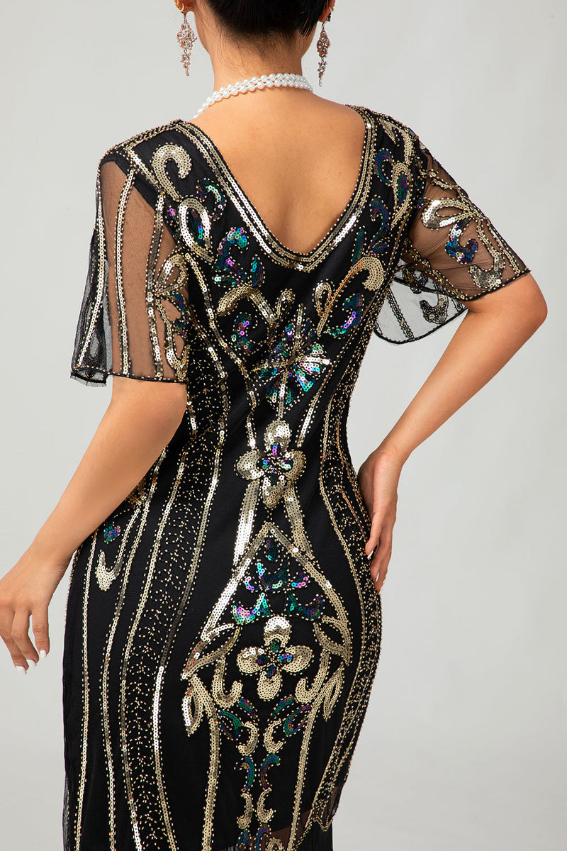 Laden Sie das Bild in den Galerie-Viewer, Glitzerndes Apricotfarbenes Pailletten 1920er Kleid Mit Kurzen Ärmeln und Fransen
