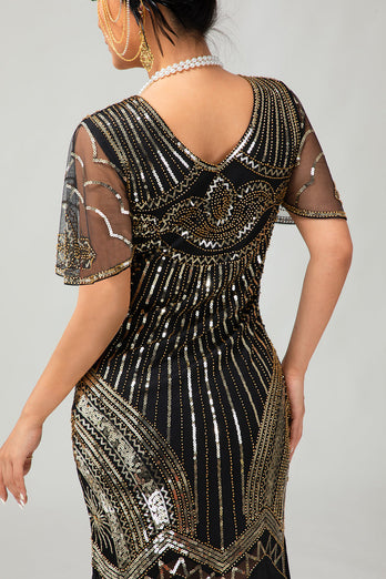 Glitzerndes Schwarzes Goldenes Pailletten V-Ausschnitt Flapperkleid mit Perlen