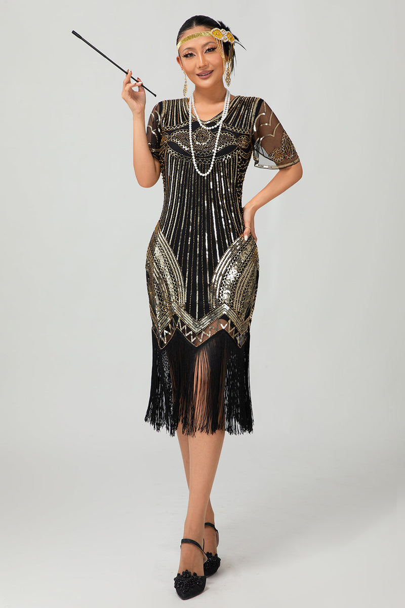 Laden Sie das Bild in den Galerie-Viewer, Glitzerndes Schwarz Silbernes Bodycon Fransen Flapper Kleid mit Ärmeln