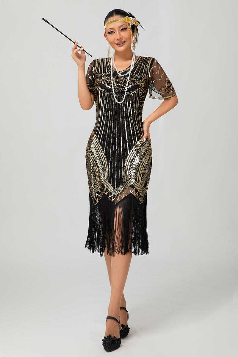 Laden Sie das Bild in den Galerie-Viewer, Glitzerndes Schwarzes Rotes Bodycon Fransen Flapper Kleid Mit Ärmeln