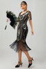 Laden Sie das Bild in den Galerie-Viewer, Glitzerndes Apricotfarbenes Pailletten 1920er Kleid Mit Kurzen Ärmeln und Fransen