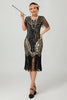 Laden Sie das Bild in den Galerie-Viewer, Glitzerndes Schwarzes Goldenes Pailletten V-Ausschnitt Flapperkleid mit Perlen