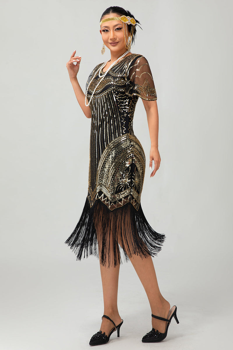 Laden Sie das Bild in den Galerie-Viewer, Glitzerndes Schwarzes Goldenes Pailletten V-Ausschnitt Flapperkleid mit Perlen