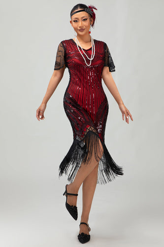 Glitzerndes Schwarzes Rotes Bodycon Fransen Flapper Kleid Mit Ärmeln