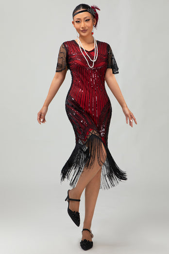 Glitzerndes Schwarzes Goldenes Pailletten V-Ausschnitt Flapperkleid mit Perlen