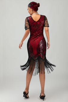 Glitzerndes Schwarzes Rotes Bodycon Fransen Flapper Kleid Mit Ärmeln