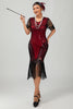 Laden Sie das Bild in den Galerie-Viewer, Glitzerndes Schwarzes Goldenes Pailletten V-Ausschnitt Flapperkleid mit Perlen