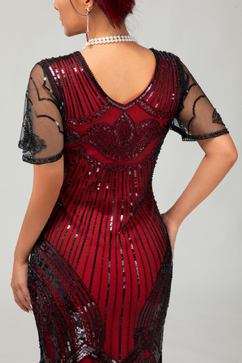 Glitzerndes Schwarzes Goldenes Pailletten V-Ausschnitt Flapperkleid mit Perlen