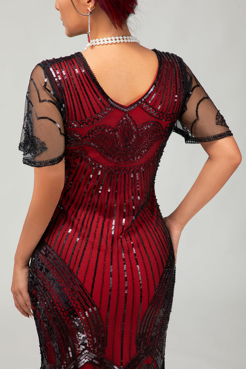 Laden Sie das Bild in den Galerie-Viewer, Glitzerndes Schwarz Silbernes Bodycon Fransen Flapper Kleid mit Ärmeln