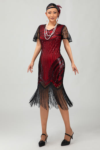 Glitzerndes Schwarzes Goldenes Pailletten V-Ausschnitt Flapperkleid mit Perlen