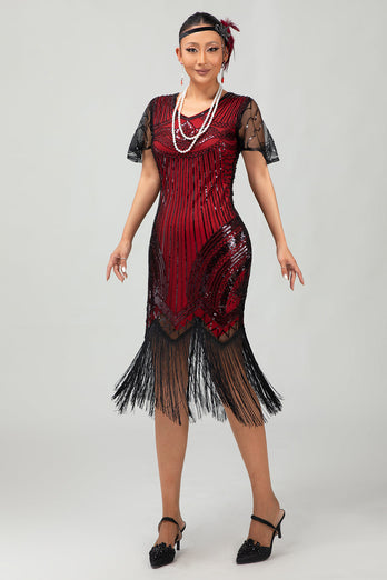 Glitzerndes Schwarz Silbernes Bodycon Fransen Flapper Kleid mit Ärmeln