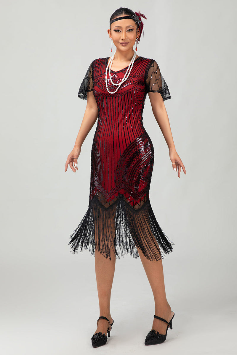 Laden Sie das Bild in den Galerie-Viewer, Glitzerndes Schwarz Silbernes Bodycon Fransen Flapper Kleid mit Ärmeln