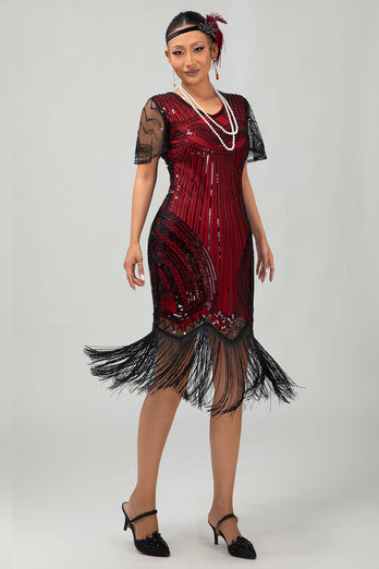 Glitzerndes Schwarzes Rotes Bodycon Fransen Flapper Kleid Mit Ärmeln
