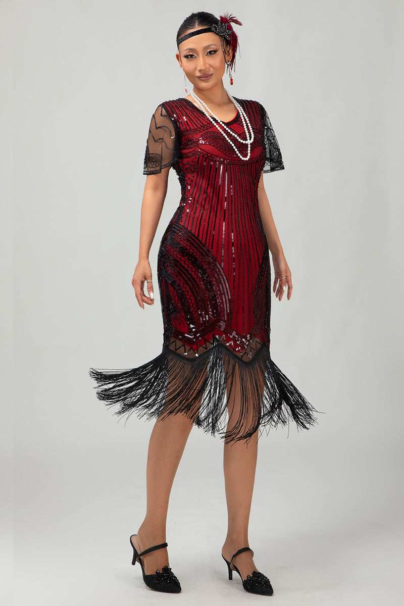 Laden Sie das Bild in den Galerie-Viewer, Glitzerndes Schwarzes Goldenes Pailletten V-Ausschnitt Flapperkleid mit Perlen
