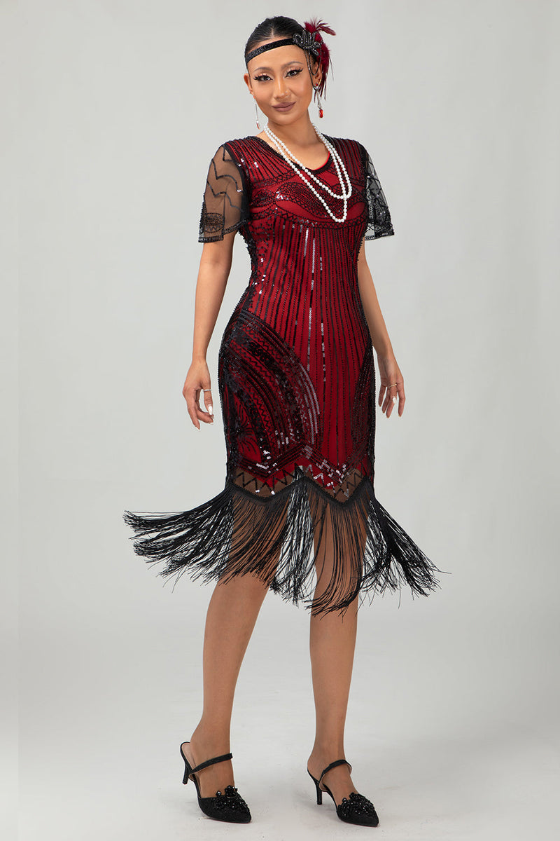 Laden Sie das Bild in den Galerie-Viewer, Glitzerndes Schwarz Silbernes Bodycon Fransen Flapper Kleid mit Ärmeln