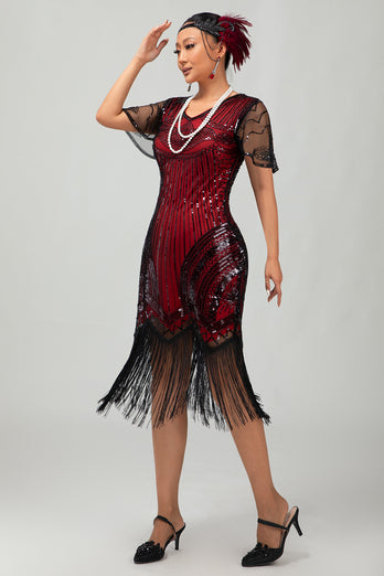Glitzerndes Schwarzes Goldenes Pailletten V-Ausschnitt Flapperkleid mit Perlen