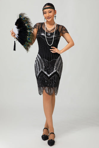 Glitzerndes Schwarzes Silbernes Pailletten Bodycon Flapperkleid mit Perlen