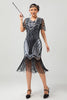 Laden Sie das Bild in den Galerie-Viewer, Glitzerndes Schwarz Silbernes Bodycon Fransen Flapper Kleid mit Ärmeln