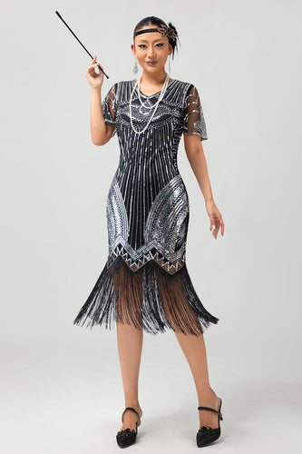 Glitzerndes Schwarz Silbernes Bodycon Fransen Flapper Kleid mit Ärmeln