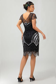 Glitzerndes Schwarzes Silbernes Pailletten Bodycon Flapperkleid mit Perlen