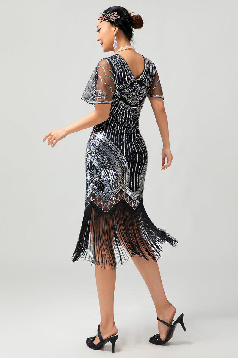 Laden Sie das Bild in den Galerie-Viewer, Glitzerndes Schwarz Silbernes Bodycon Fransen Flapper Kleid mit Ärmeln