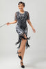 Laden Sie das Bild in den Galerie-Viewer, Glitzerndes Schwarz Silbernes Bodycon Fransen Flapper Kleid mit Ärmeln