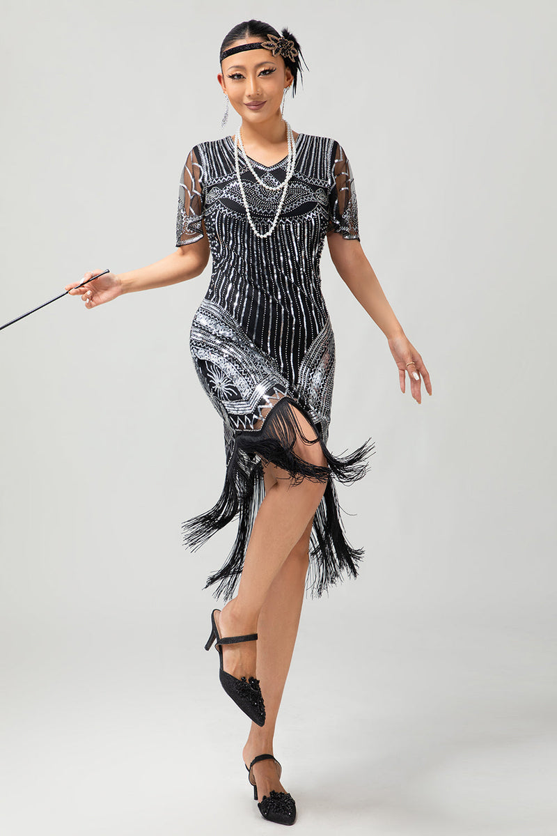 Laden Sie das Bild in den Galerie-Viewer, Glitzerndes Schwarz Silbernes Bodycon Fransen Flapper Kleid mit Ärmeln