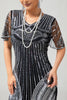 Laden Sie das Bild in den Galerie-Viewer, Glitzerndes Schwarz Silbernes Bodycon Fransen Flapper Kleid mit Ärmeln
