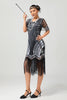 Laden Sie das Bild in den Galerie-Viewer, Glitzerndes Schwarz Silbernes Bodycon Fransen Flapper Kleid mit Ärmeln