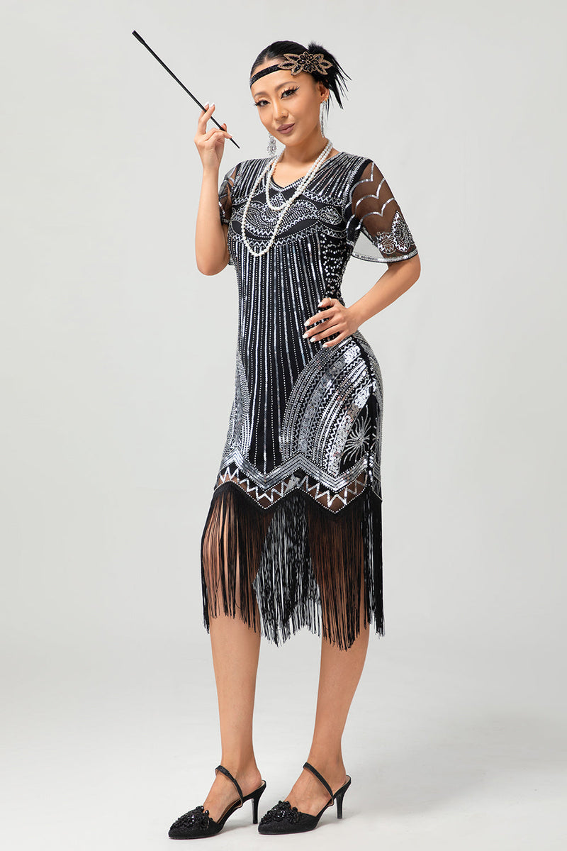 Laden Sie das Bild in den Galerie-Viewer, Glitzerndes Schwarz Silbernes Bodycon Fransen Flapper Kleid mit Ärmeln