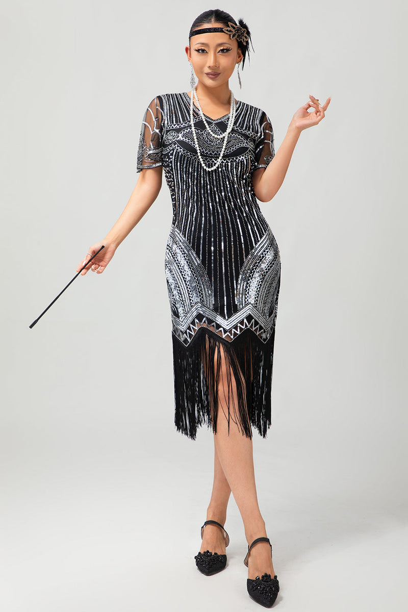 Laden Sie das Bild in den Galerie-Viewer, Glitzerndes Schwarz Silbernes Bodycon Fransen Flapper Kleid mit Ärmeln