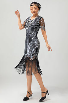 Glitzerndes Schwarz Silbernes Bodycon Fransen Flapper Kleid mit Ärmeln