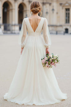 V-Ausschnitt Elfenbein Brautkleid mit langen Ärmeln