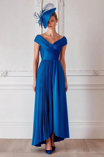 Königsblau Schulterfreie Langes Plissiert Mutter der Braut Kleid